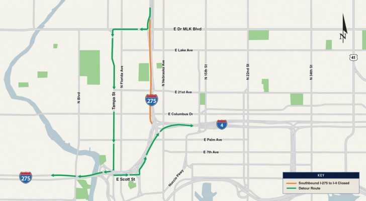 Southbound I-275 from S.R. 574 (Dr. Martin Luther King Jr. Blvd) to I-4 Closing Wednesday Night